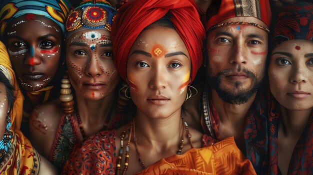 Zdjęcie grupa ludzi z różnych kultur noszących tradycyjne ubrania i biżuterię ludzie stoją blisko siebie i patrzą w kamerę