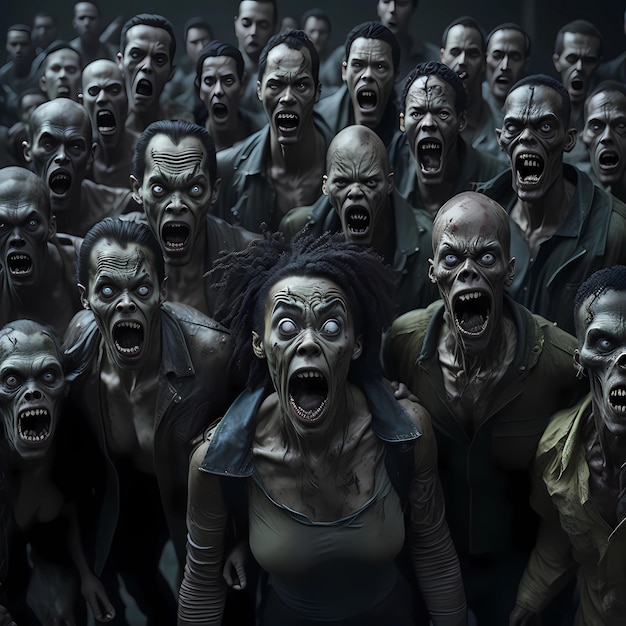 Grupa ludzi ze słowem zombie na twarzy