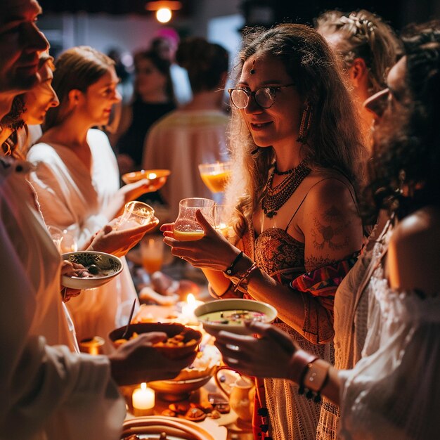 Zdjęcie grupa ludzi zebrana wokół stołu z jedzeniem i piciem