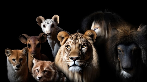grupa lwów i tygrysów na czarnym tle.