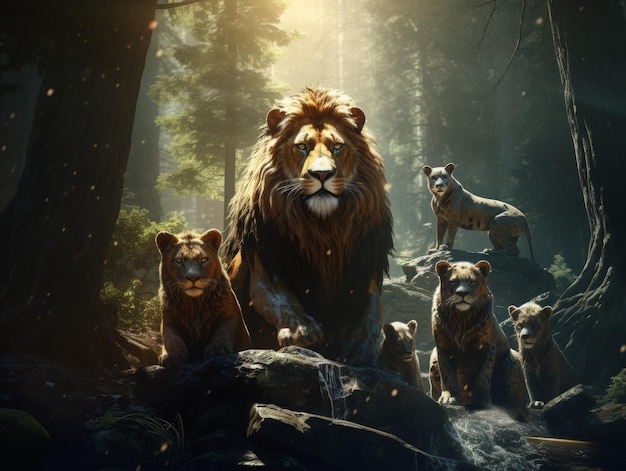 Grupa lwów w lesie