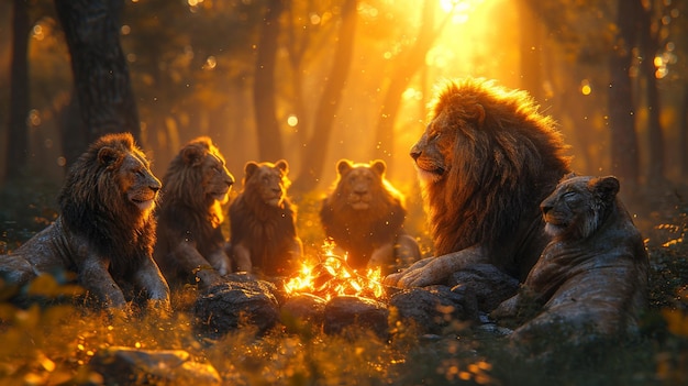 Grupa lwów w nocnym lesie z kominem