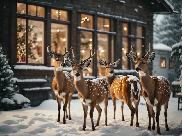 Grupa majestatycznych ludzi na zaśnieżonym podwórku w pobliżu pięknie udekorowanego wiejskiego domu na Boże Narodzenie
