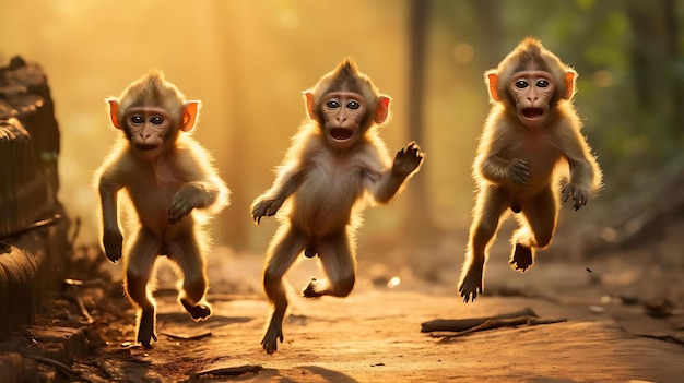 Grupa małp biegających w lesie.