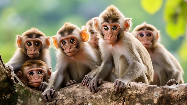 Grupa małp na drzewie ze słowami małpa na plecach