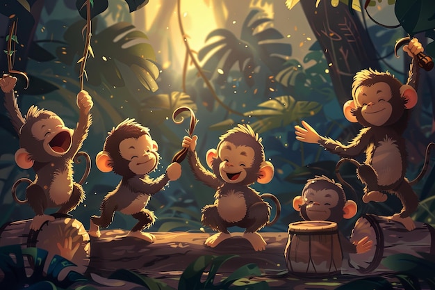Grupa małp tańczących w lesie deszczowym, kołyszących się z winorośli i bębniąc na pustej drewnianie w rytm muzycznej kreskówki