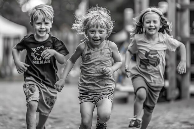 Zdjęcie grupa małych dzieci biegnie po brudnej drodze