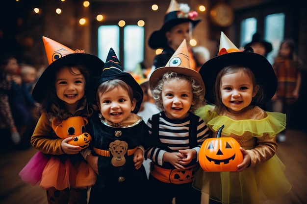 Grupa małych dzieci na imprezie z okazji Halloween