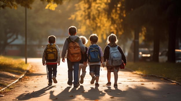 Grupa małych dzieci szła razem w przyjaźni Pierwszy dzień w szkole W pierwszy dzień otwarcia szkoły
