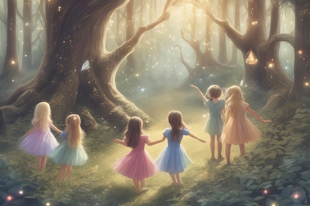 grupa małych dziewczynek i bajkowy las
