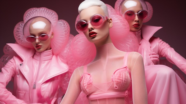 Grupa manekinów w różowych okularach przeciwsłonecznych