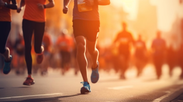 Grupa maratończyków w mieście niski kąt widzenia biegaczy biorących udział w zawodach