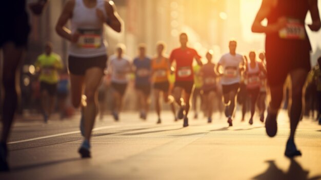 Zdjęcie grupa maratończyków w mieście niski kąt widzenia biegaczy biorących udział w zawodach