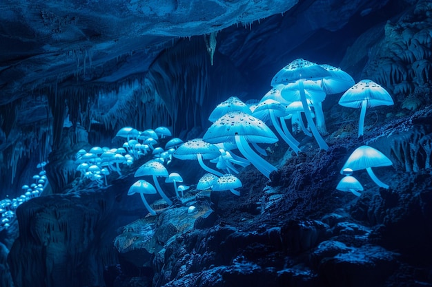 Grupa meduz jest pod jaskinią z niebieskim tłem.