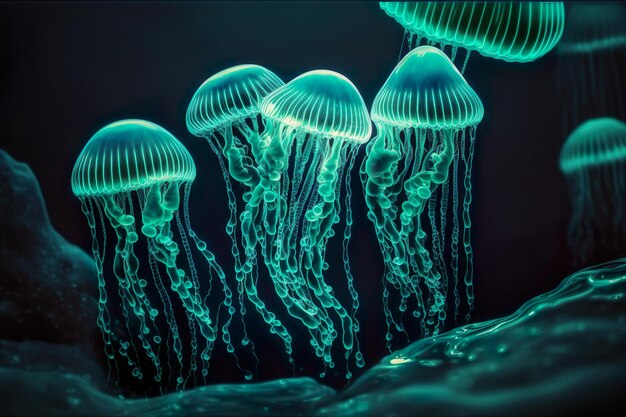 Grupa meduz na ciemnym tle