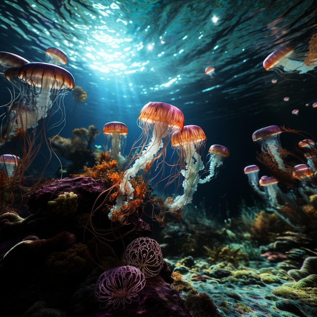 grupa meduz pływających pod rafą koralową.