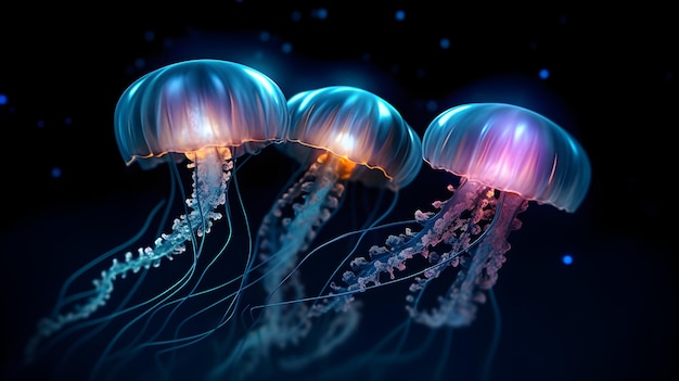 Grupa meduz ze świecącymi światłami