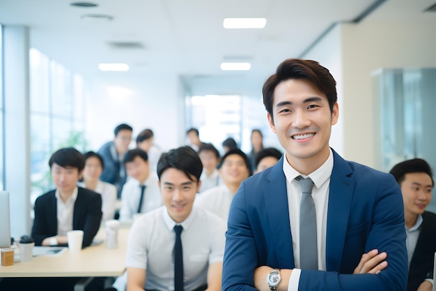 Grupa mężczyzn pracujących w biurze firmy uśmiecha się na tle