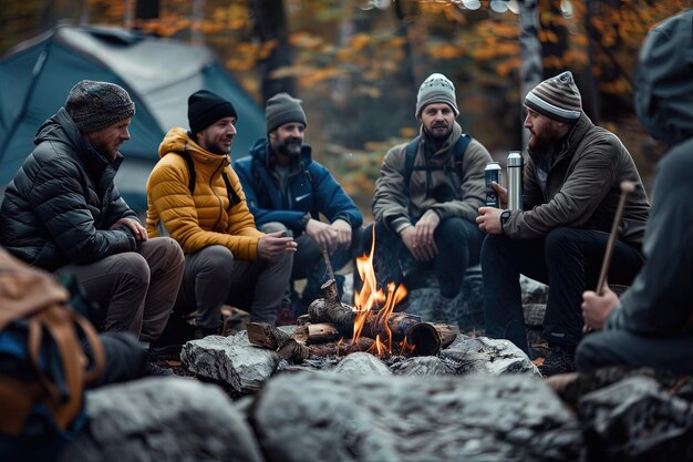 Zdjęcie grupa mężczyzn siedzących wokół ognia