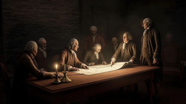 Grupa mężczyzn siedzi wokół stołu i czyta mapę.