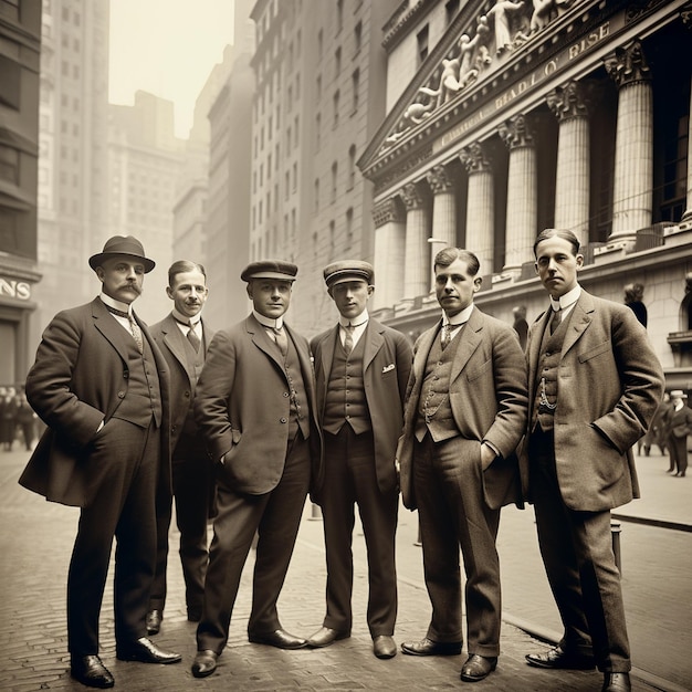Grupa mężczyzn stoi przed budynkiem z napisem "Firma".
