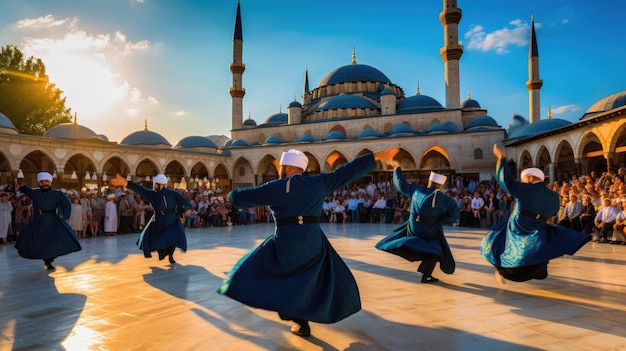 grupa mężczyzn tańczących przed meczetem z Błękitnym Meczetem w tle.