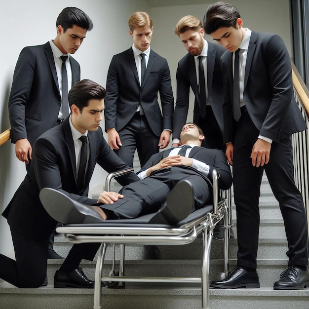 Grupa mężczyzn w garniturach i krawatach zebrała się wokół mężczyzny leżącego na szpitalnym łóżku.