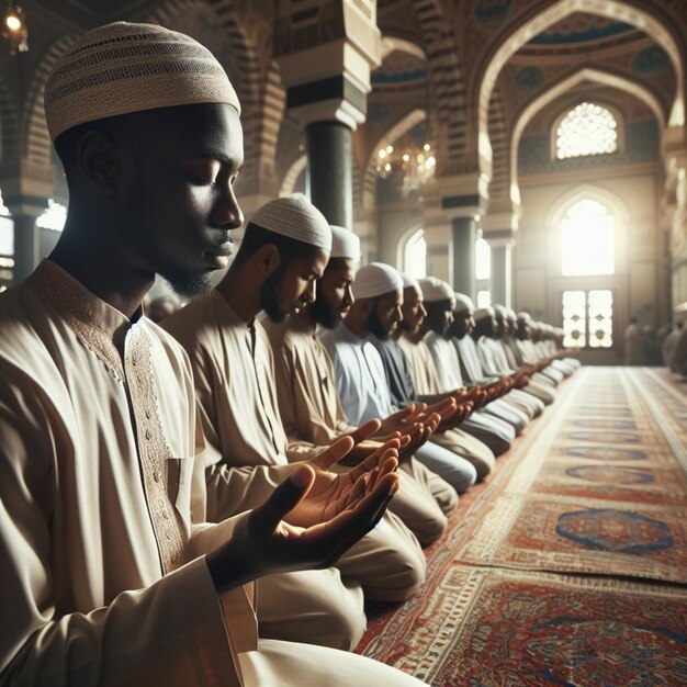 grupa mężczyzn w meczecie podczas modlitwy