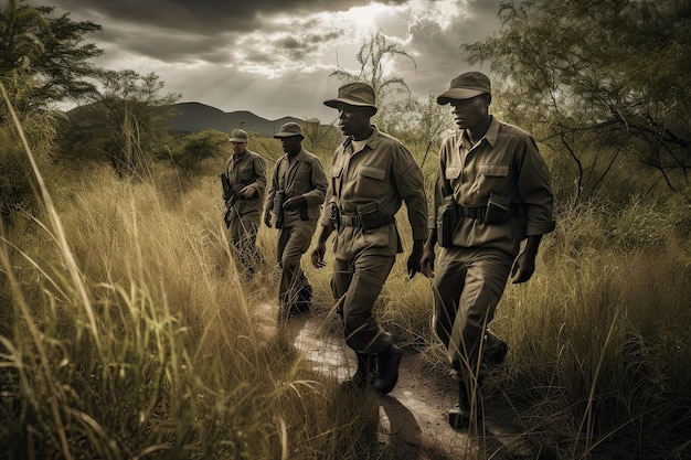 Grupa mężczyzn w mundurach idących ścieżką generatywną Ai