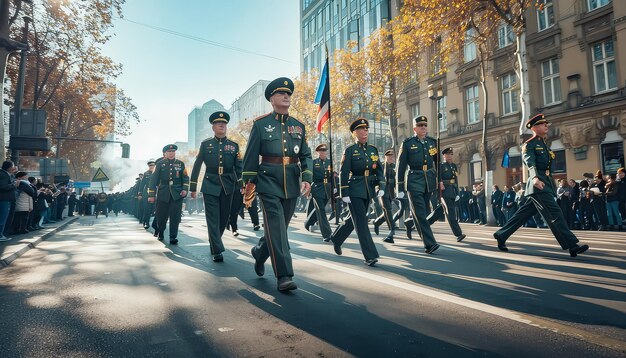 Grupa mężczyzn w mundurach wojskowych maszeruje ulicą.