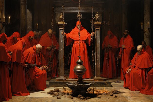 Zdjęcie grupa mężczyzn w szatach jest w muzeum z posągiem człowieka w czerwonym szatach