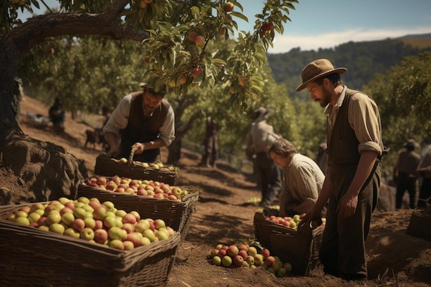 grupa mężczyzn zbiera jabłka z drzewa.