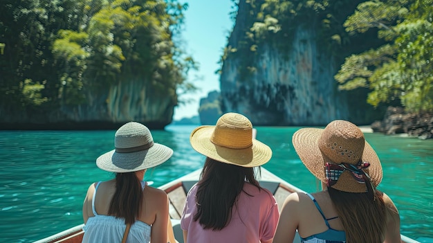 Zdjęcie grupa młodych azjatyckich przyjaciółek siedzących na łodzi przejeżdżających przez lagunę na plaży wyspy w letni słoneczny dzień atrakcyjna dziewczyna cieszy się i bawi podróżowanie na świeżym powietrzu na letnie wakacje w tajlandii