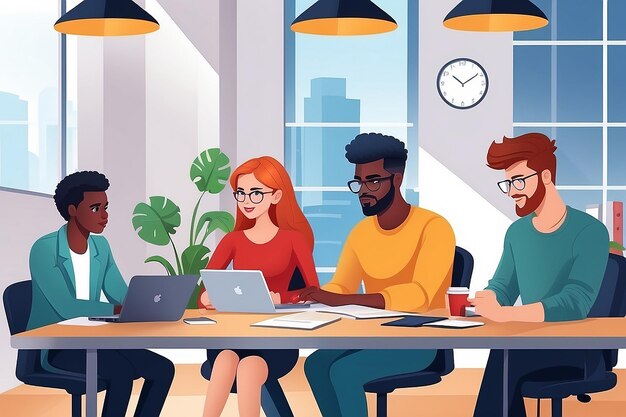 Grupa młodych biznesmenów pracujących razem Siedzą przy biurku Coworking Mix Race Creative Workers Team Brainstorming Meeting Flat Vector Illustration