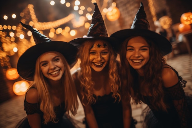 Zdjęcie grupa młodych blondynek ubranych na halloween dobrze się bawiących w noc halloween k bokeh