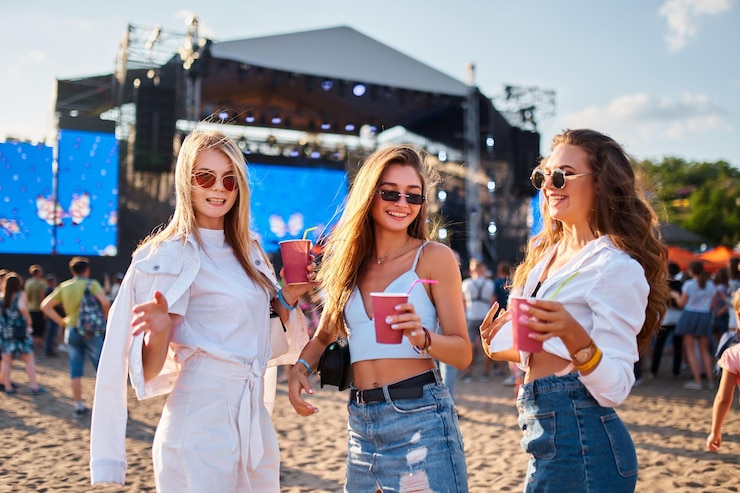 Zdjęcie grupa młodych kobiet cieszy się letnim festiwalem muzycznym na piaszczystej plaży, pije, tańczy wśród tłumu w słonecznym słońcu.
