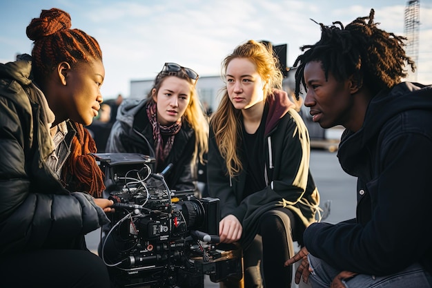 Grupa młodych kobiet siedzących wokół kamery