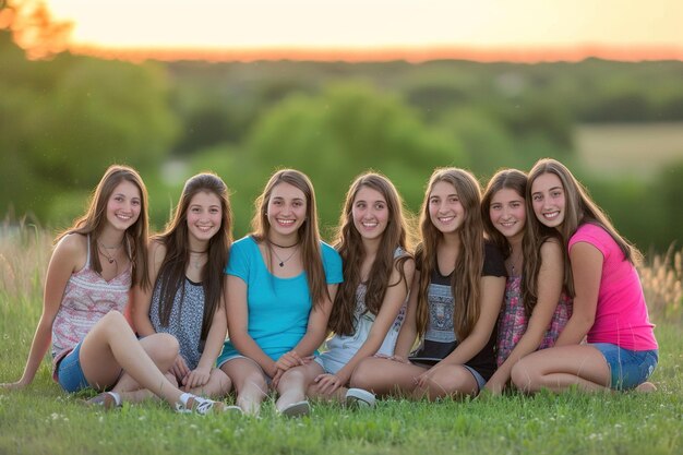 Grupa młodych kobiet siedzi na trawiastym polu i uśmiecha się na zdjęcie.