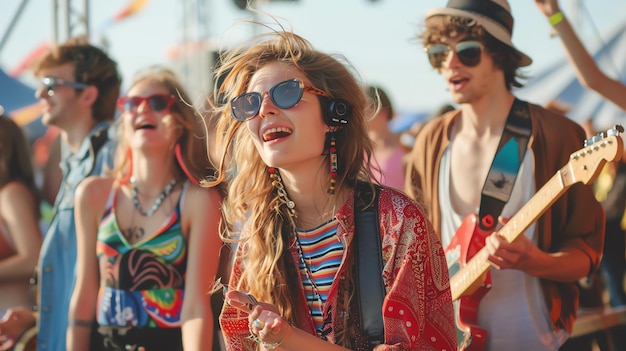 Zdjęcie grupa młodych ludzi cieszy się festiwalem muzycznym wszyscy uśmiechają się i śpiewają wraz z muzyką