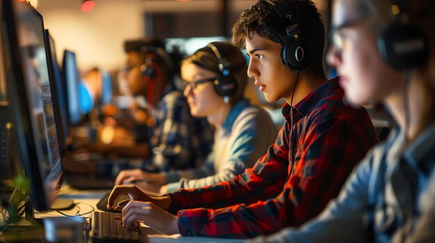 Zdjęcie grupa młodych ludzi pracuje nad komputerem w słabo oświetlonym pokoju. wszyscy noszą słuchawki i wyglądają na skoncentrowanych na swojej pracy.