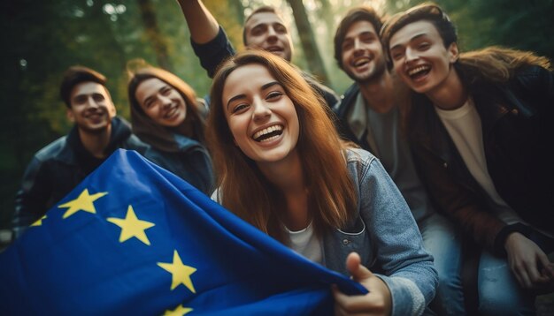 Zdjęcie grupa młodych ludzi robi sobie selfie, w tle powiewa flaga unii europejskiej