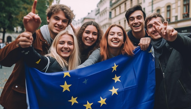 Zdjęcie grupa młodych ludzi robi sobie selfie, w tle powiewa flaga unii europejskiej