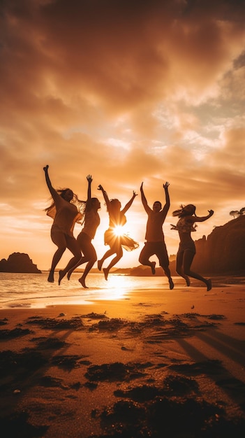 Grupa młodych ludzi skaczących na plaży o zachodzie słońca
