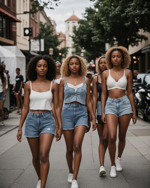 Grupa młodych pięknych afroamerykańskich kobiet w szortkach dżinsowych idących po mieście.