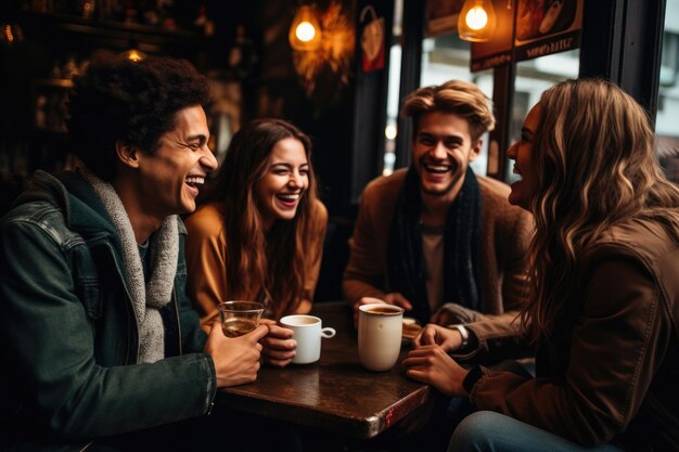 Zdjęcie grupa młodych przyjaciół bawiących się w pubie, pijących kawę i rozmawiających grupa przyjaciół cieszących się razem kawą