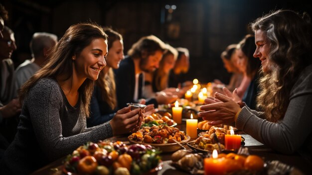 Grupa młodych przyjaciół bawiących się w restauracji rozmawiających i śmiejących się podczas kolacji przy stole