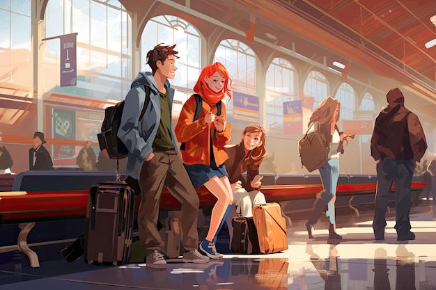 Grupa młodych przyjaciół czeka spokojnie i beztrosko na dworcu kolejowym
