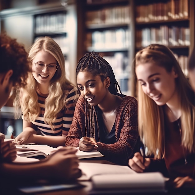 grupa młodych studentów dyskutujących w bibliotece