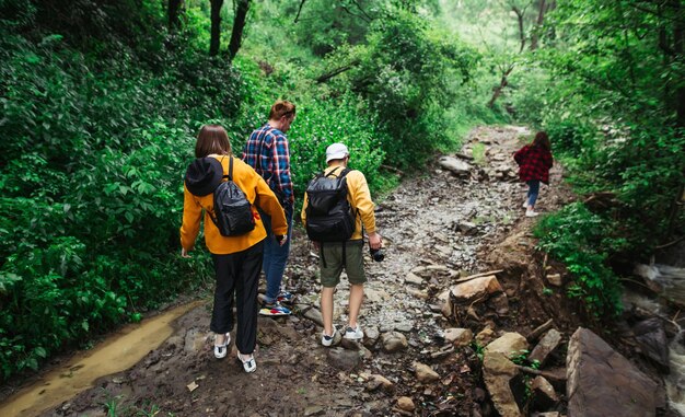 Grupa Młodych Turystów Spacerujących Leśną ścieżką W Górach W Pobliżu Strumienia