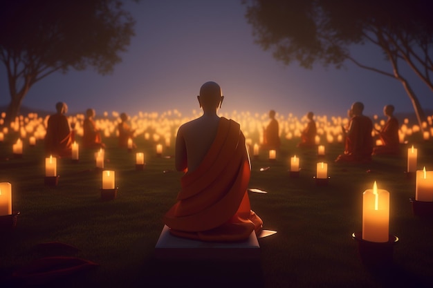 Grupa mnichów siedzi na polu z zapaloną świecą w tle.